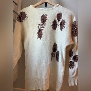 Destinee vintage cream sweater with copper leave design, medium.